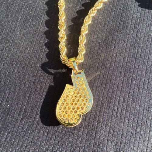 Gold Chain Rope Chain 24in 6mm and Icy Boxing Gloves Pendant Set - Picture 5 of 8