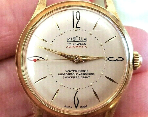 Misalla Automatic Mens Watch Swiss 10 Microns GP 17J RED POINTER c1950s Vintage - Picture 3 of 12