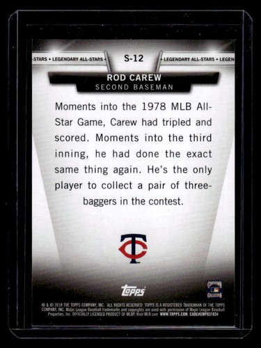 2018 Topps Update Rod Carew Black #S-12 - Picture 2 of 2