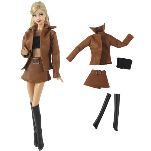 Black Leather Clothes For 11.5" Doll Outfit Fashion Jacket Skirt Top Boots Set - Imagen 7 de 20