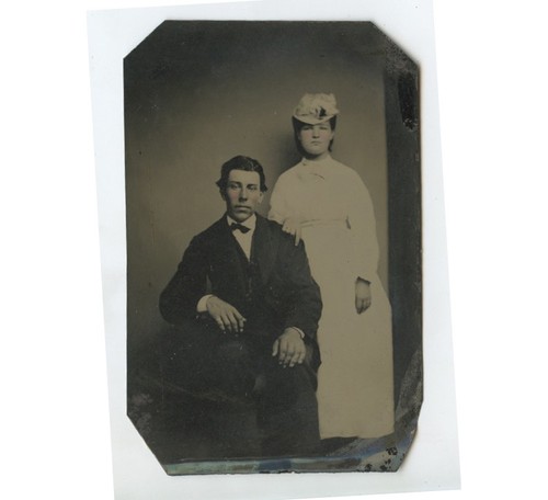 TINTYPE STUDIO PORTRAIT YOUNG HUSBAND + WIFE, TINTED CHEEKS, 1/6 PLATE
