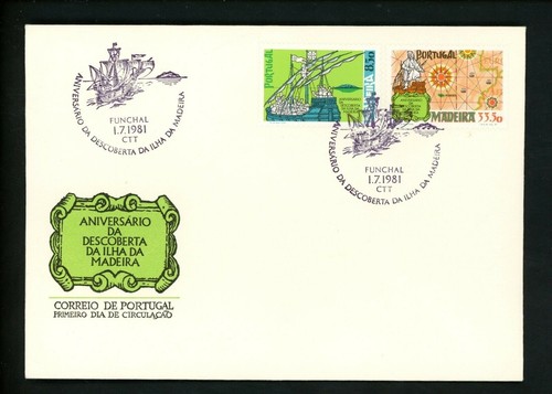 Postal History Portugal Madeira FDC #75-76 Discovery ship map cartography 1981 - 第 1/2 張圖片