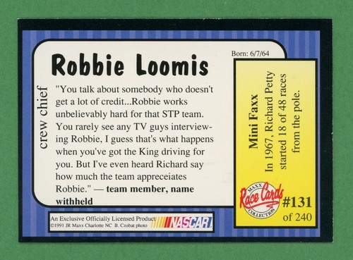Robbie Loomis NASCAR Racing Crew Chief firmata '91 MAXX E25409 - Foto 2 di 2