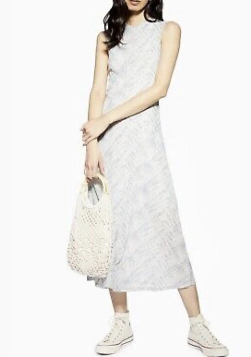 Rare Topshop Tie Dyed Blue Gray Sleeveless Midi Dress Size 2