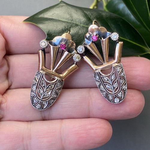 Art Deco Vintage Diamond Ruby Earrings 14K Rose Gold Silver Estate Fine Jewelry - Picture 16 of 24