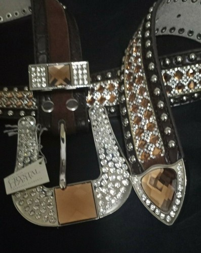 SWAROVSKI WOMEN A1814 DIAMOND & COPPER CRYSTAL BROWN CROC LEATHER BELT SIZE L/32 - Picture 10 of 12
