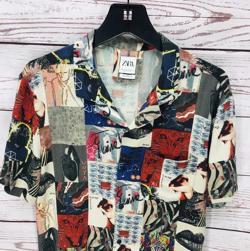 Zara Man Button Down Shirt Size M Colorful Modern Art Paint Relax Fit Casual - Picture 3 of 8