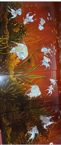 ORIENTAL Plaque Pictures RED GLOSS MOTHER OF PEARL INLAY KOI FISH 31” x 61” - Picture 2 of 12