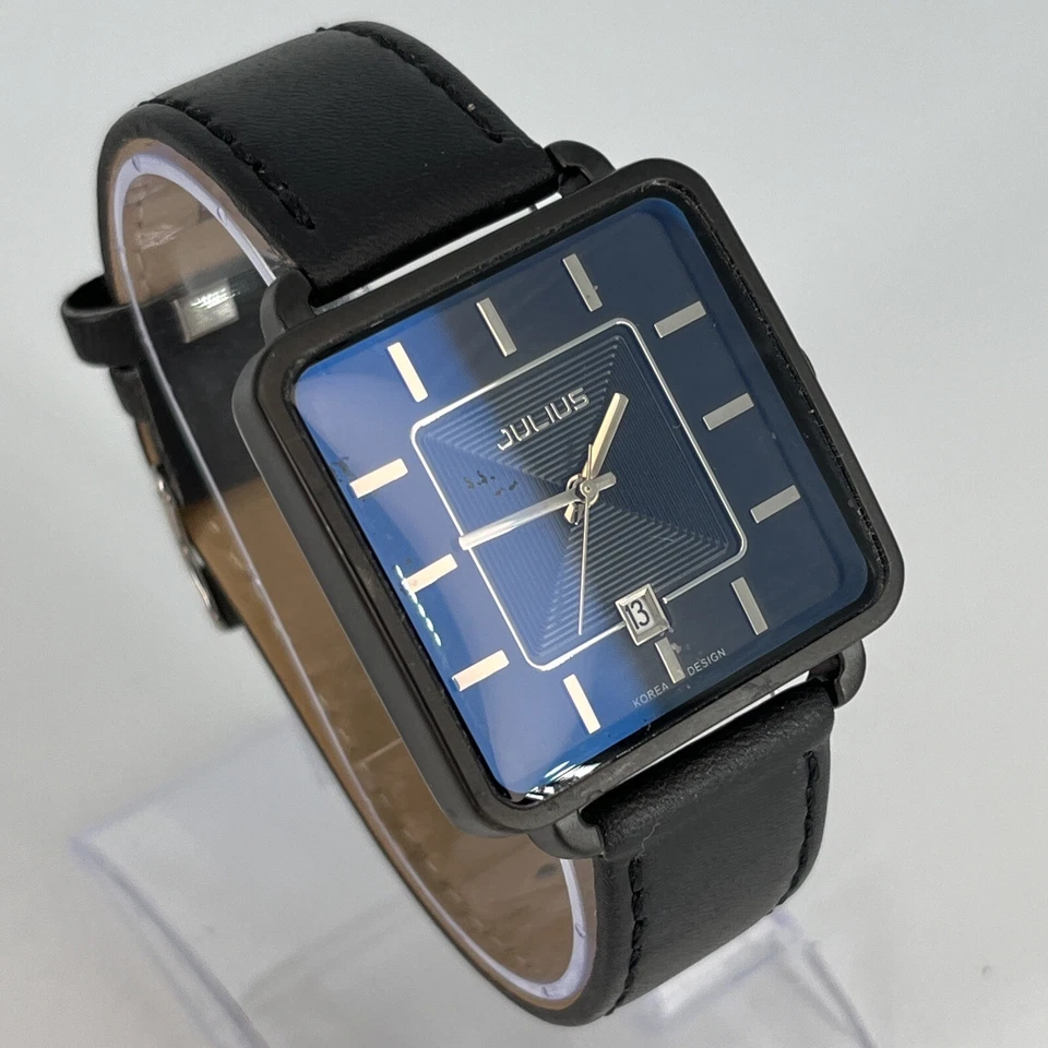 LUJO Julius Reloj Hombre Negro Esfera Rectangular Correa Cuero Negro BATERÍA NUEVA Foto 3 de 4