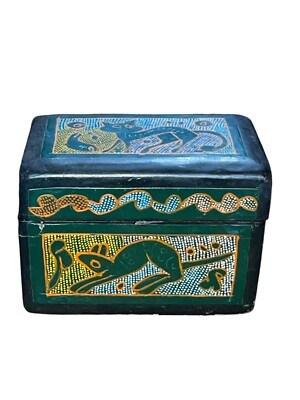 Mexican Folk Art Hand Painted Laquered Wood Jewelry Trinket Box w/ Hinged Lid