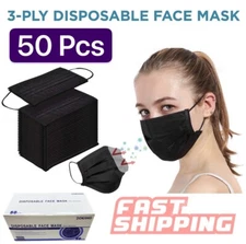 50 PCS Black Disposable Face Mask Triple Ply Ear-Loop Mouth Cover