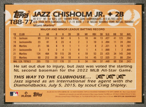 Tarjeta de béisbol 2023 Topps 1988 Jazz Chisholm Jr #T88-77 | PSA 10 gema como nueva Pop 1 - Imagen 6 de 7