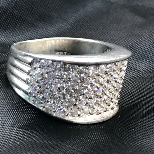Estate Seta Signed Clear Rhinestone Encrusted 925 Marked Wide Tapered Silver Ban - Picture 7 of 11