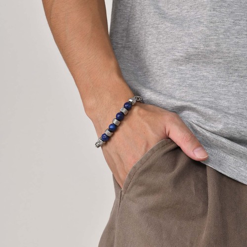 Stainless Steel Tiger Eye Stone Black Agate Beaded Braided Chain Bracelet Mens - Picture 5 of 10