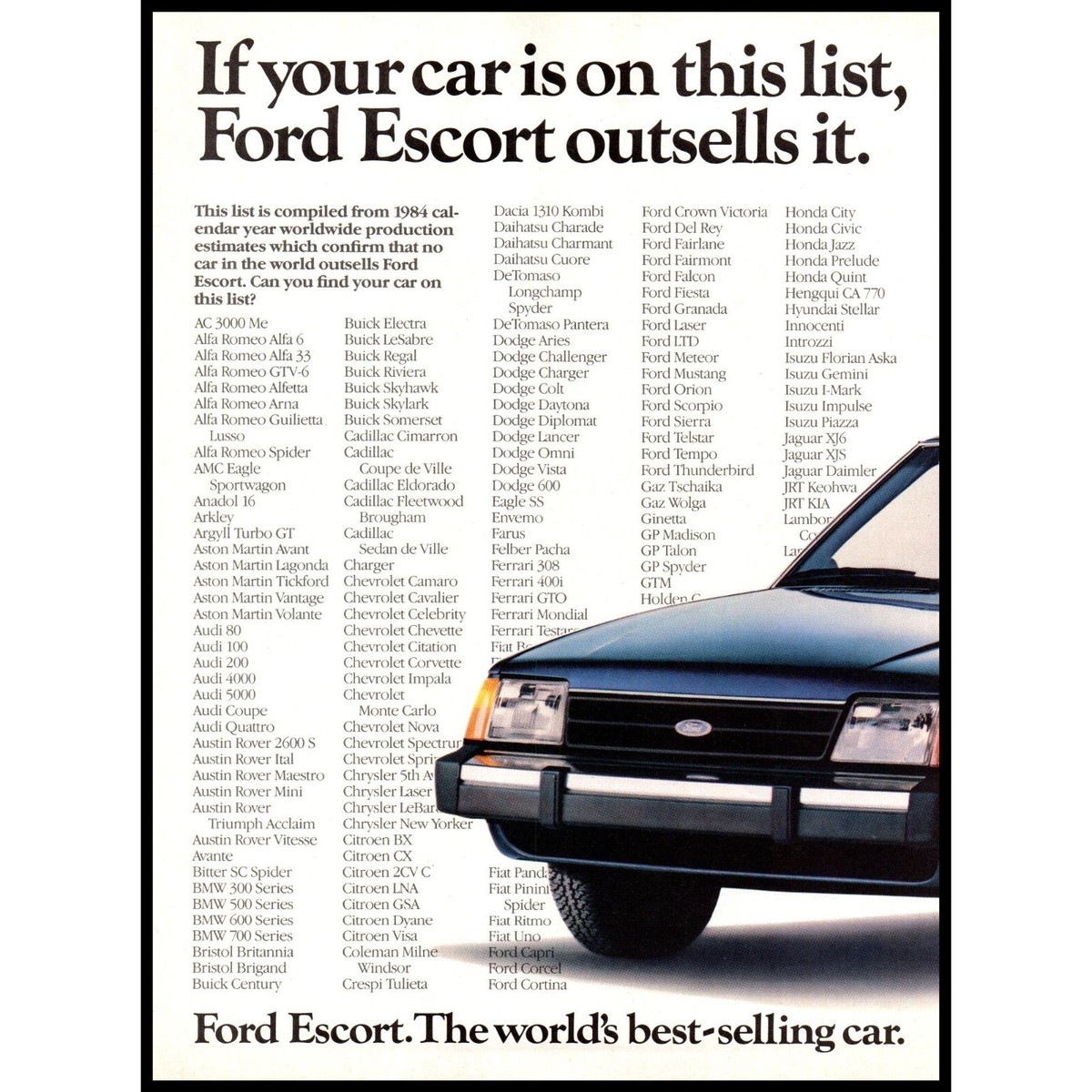 1985 Ford Escort Hatchback 2 Page Vintage Print Ad Man Cave