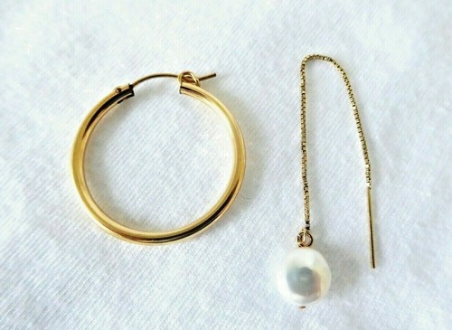 Mismatch Gold filled Earring Pair w one Hoop and one Threader w Freshwater Pearl - Picture 3 of 3