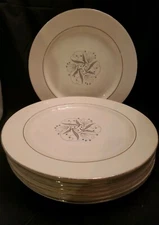 Homer Laughlin Celeste 10" Dinner Plates set of 8 off wht w/ silver and blue