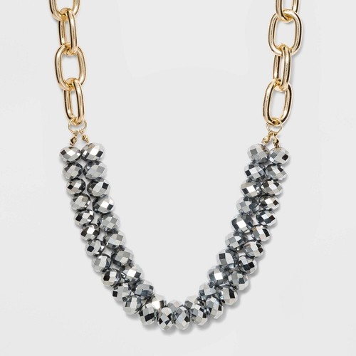 NWT Hematite Two Layer Beaded Necklace with Gold Tone Chunky Chain Jewelry NEW