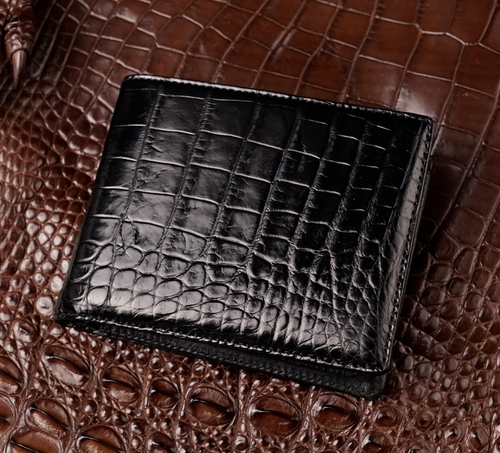 Cartera de cuero de cocodrilo genuino negra para hombre doble piel animal exótico bloque RFID - Imagen 4 de 8