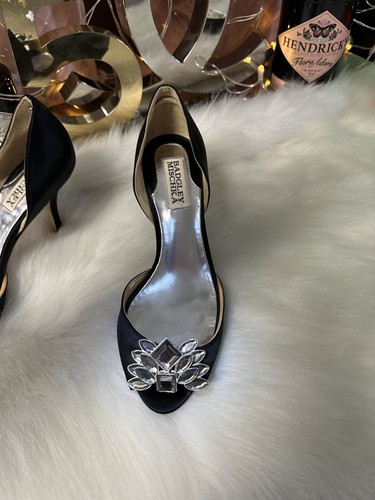 BADGLEY MISCHKA BLACK SATIN D’ORSAY OPEN TOE RHINESTONE EMBELLISHED HEELS 6.5M - Picture 3 of 8