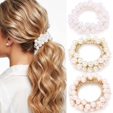 Pearl Hair Ties Beaded Scrunchies Fancy Ponytail Holders Beige Pink White