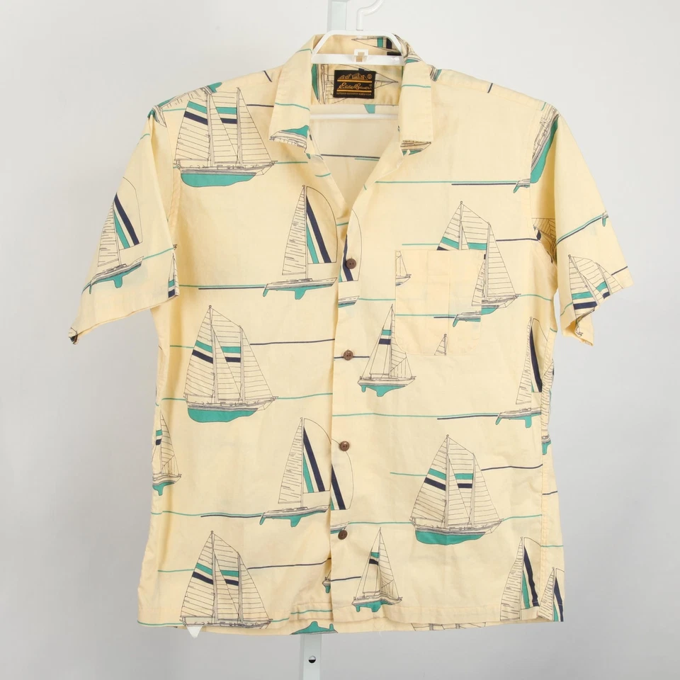 Camisa De Colección Eddie Bauer Hombres L Crema Estampado Velero Cuello Hawaiano Lazo EE. UU. Foto 2 de 4