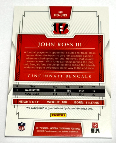 2017 National Treasures John Ross III Auto #RS-JR3 25/99 Bengals - Picture 2 of 2