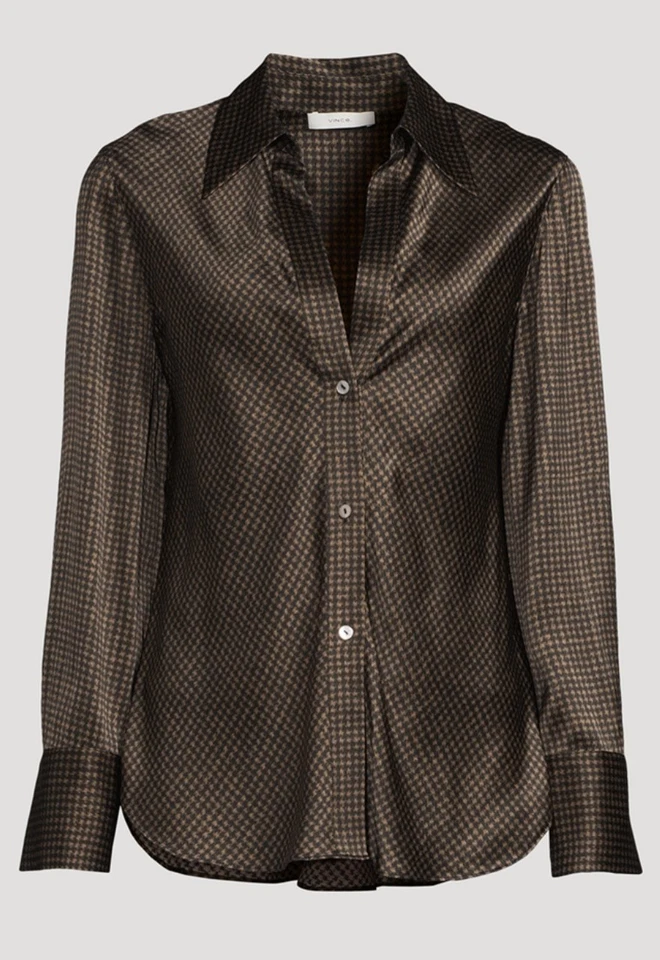 Originalmente $445, una camisa de pata de gallo de seda Luscious VINCE, corte sesgado, en talla L Foto 4 de 4