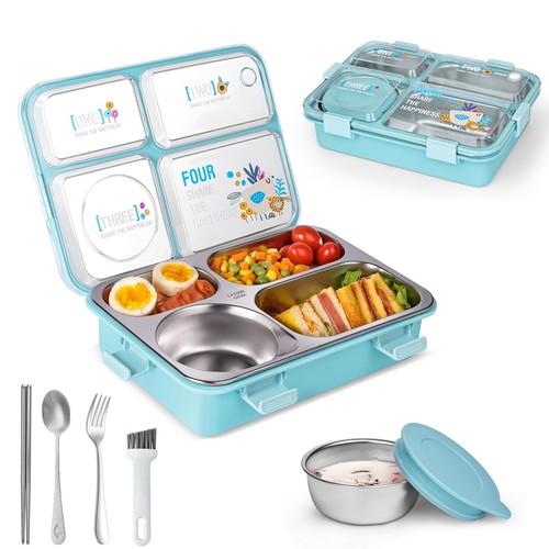 Stainless Steel Adult Lunch Box, 28.7oz 4-Compartment Cute Bento Box Kids Sna...