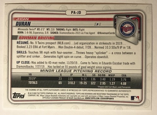 ✨ Bowman Rookie Prospects 2020 #PA-JD Minnesota Twins JHOAN DURAN automático ⚾️ - Imagen 4 de 5