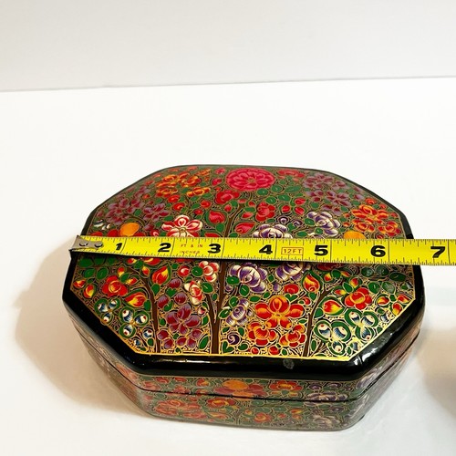 Kaschmir Pappmaché Schmuckkästchen Indien Handarbeit Lack Floral Samt gefüttert - Bild 12 von 13