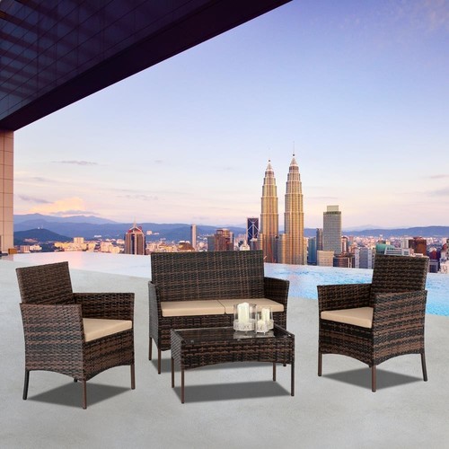 4PCS Office Patio Rattan Wicker Furniture Set Cushioned Chair Glass Table Top US