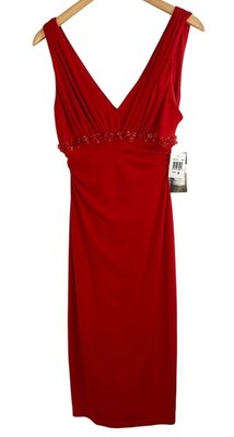 David Meister Red Beaded Waist Sleeveless Dress Size 8 Vintage Y2K USA Wedding