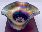 Fenton Blackberry Spray Carnival Glass Hat Vase In Cobalt Blue with Ruffled Edge