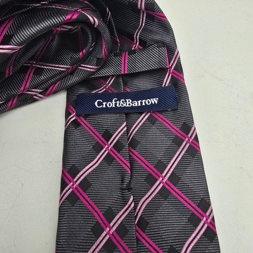 Croft & Barrow Men's Gray Pink Plaid Silk Polyester Blend Necktie - Picture 2 of 4