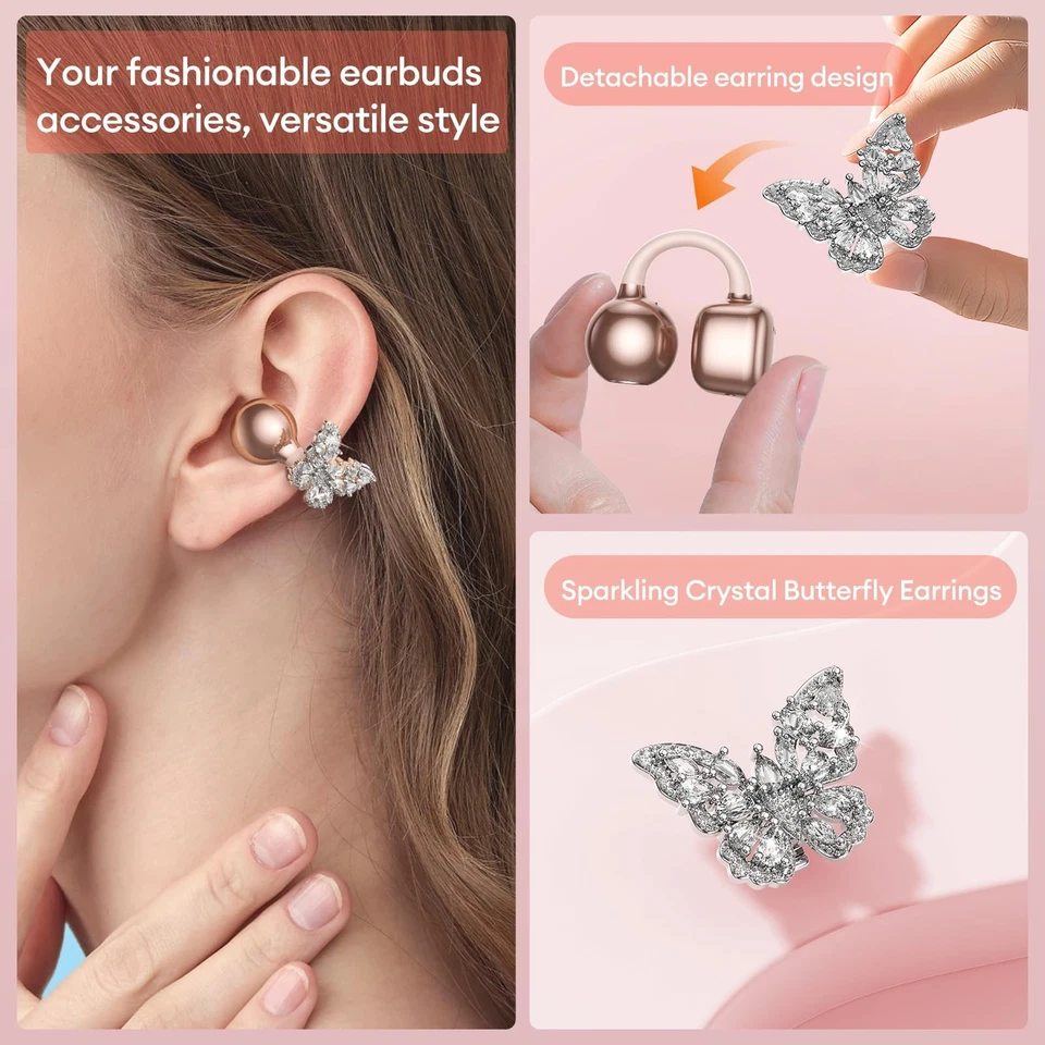 Bling Open Ear Clip On Earbuds with LED Display & Crystal Butterfly Earrings,... - Image 2 of 4