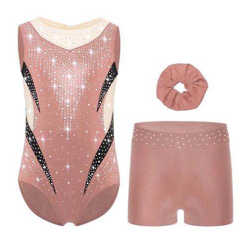Kids Girls Leotard Shorts Outfit Sports Set Headwear Dancewear Color Block Mesh - Picture 16 of 49