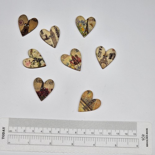 8 Wooden Heart Shaped Buttons Paris France Romantic Eiffel Tower Floral Craft - Picture 2 of 3