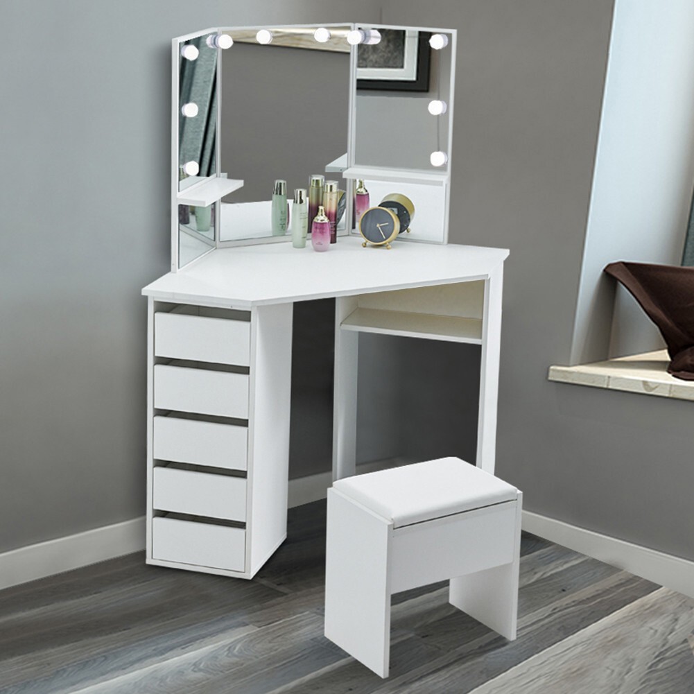 ELEGANT Corner Dressing Table, LED Vanity Makeup Desk With 3 Mirrors 5 Drawers, White Bedroom Furniture Corner Curved Vanity Table