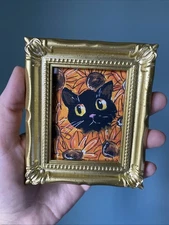 PRINT Whimsical Black Cat Cute,funny, Painting,framed,miniature,small,mini