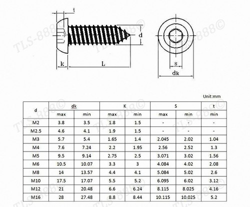 M3,4,5,6 Button Head Socket Cap Self Tapping Screws Hex Drive - 304 A2 Stainless - Picture 3 of 5