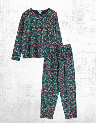Damen Seasalt Pyjama Set Baumwolle Jersey weich Blumen sonnenbeschienen Blätter Jade Tiefen