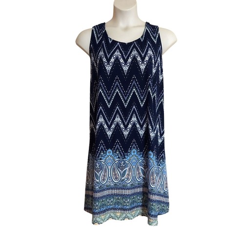 Vestido Just Be Talla Grande Azul Marino Estampado Chevron y Paisley Sin Mangas Columpio Usado en Excelente Condición - Imagen 1 de 5