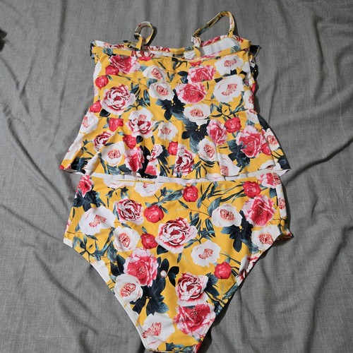 Gelber geblümter Gr. XXL 2-teiliger Badeanzug Markenlos Tankini Bikini Criss Cross Oberteil - Bild 5 von 7