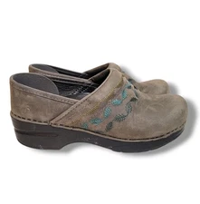 Dansko Clogs Womens 37 US 7 Gray Leather Embroidered Leaves Professional Comfort