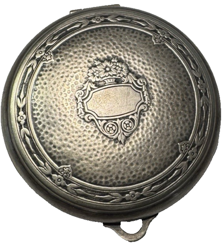 Espejo de maquillaje en polvo antiguo Art Nouveau Djer Kiss compacto plateado 1924 - Imagen 2 de 4