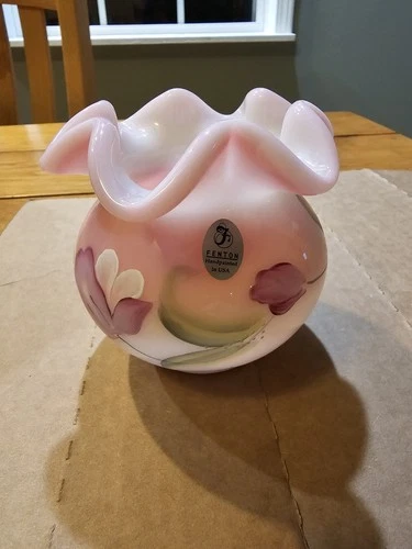 Fenton Rosaline Rose Vase Hand Painted By S. Hopkins Ruffled Edge