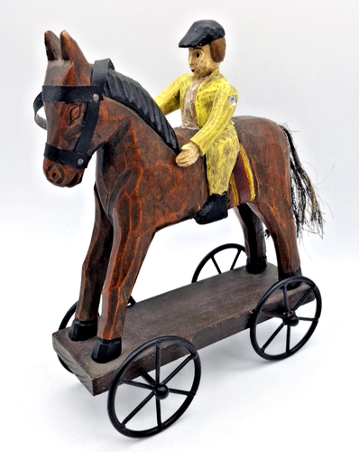 Vtg Wood Handcarved Jockey and Race Horse with Wheels Primitive Rustic Folk Art - Picture 3 of 12