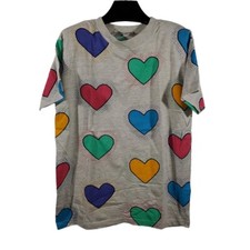 VTG 90s Averrce Rainbow Hearts S/S T-Shirt Women's M Shoulder-Pads Heather Gray