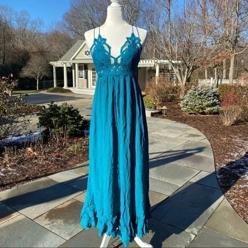 Free People Adella Maxi Slip Dress in Teal Jewel Blue Sz XS - Picture 5 of 9